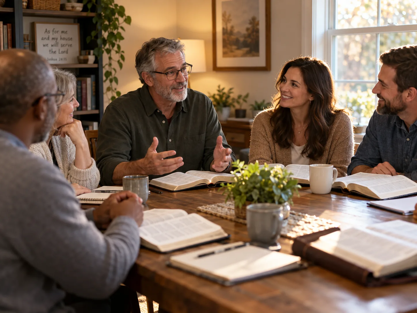 A small group gathered around a table with open Bibles, reflecting the shared life of a people formed by God’s new covenant.
