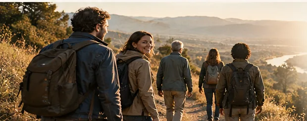 A small group walking together through a sunlit landscape, suggesting pilgrimage, promise, and hope.