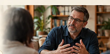 A Bible teacher speaking with adults in a warm, conversational setting.